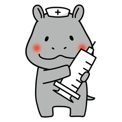 大きな注射器を持っているナースキャップをかぶったカバ