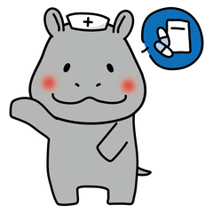 薬の説明をするナースキャップをかぶったカバ