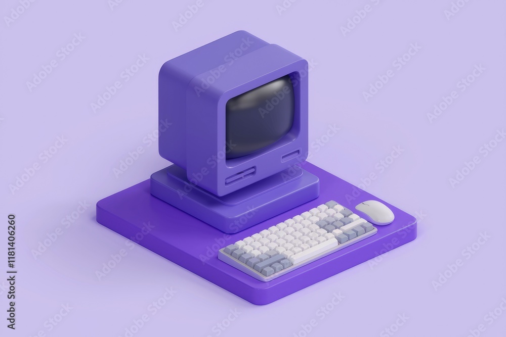 Poster a purple 3d model of a retro desktop computer.