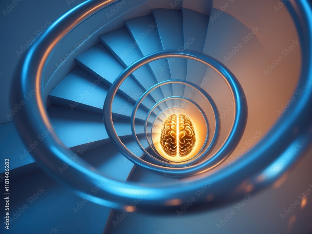 Poster exploring the depth of obsessive compulsive disorder through a symbolic spiral staircase and a glowi
