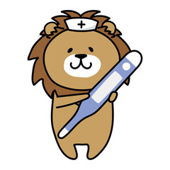 大きな体温計を持っているナースキャップをかぶったライオン