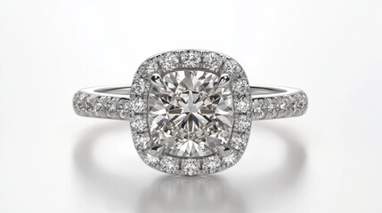 A cushion-cut diamond ring with a vintage halo setting on a clean white background