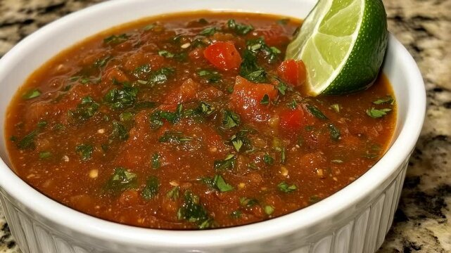 Freshly made salsa served in a white bowl with lime wedge on a granite countertop