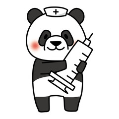 大きな注射器を持っているナースキャップをかぶったパンダ