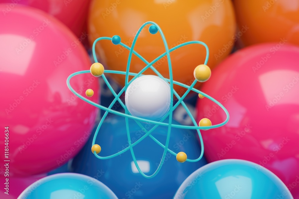 Poster 3D rendering of an atom model surrounded by colorful spheres.