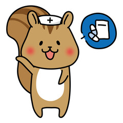薬の説明をするナースキャップをかぶったリス