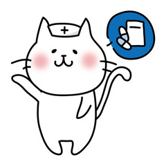 薬の説明をするナースキャップをかぶった白い猫