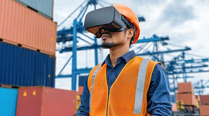 A worker in a safety vest and helmet uses virtual reality goggles near cargo containers in a port setting, highlighting technology in logistics.