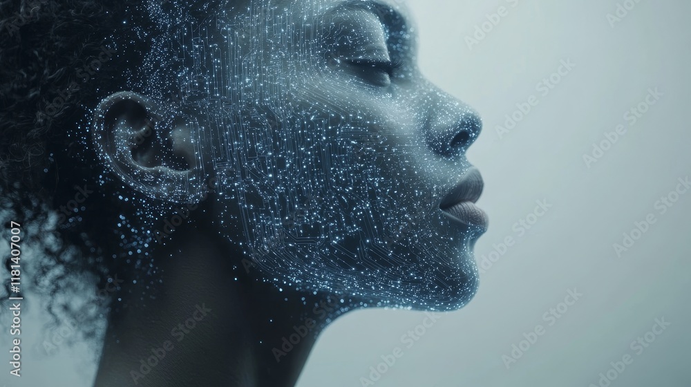 Poster digital woman profile of abstract face with glowing circuit patterns, futuristic technology design