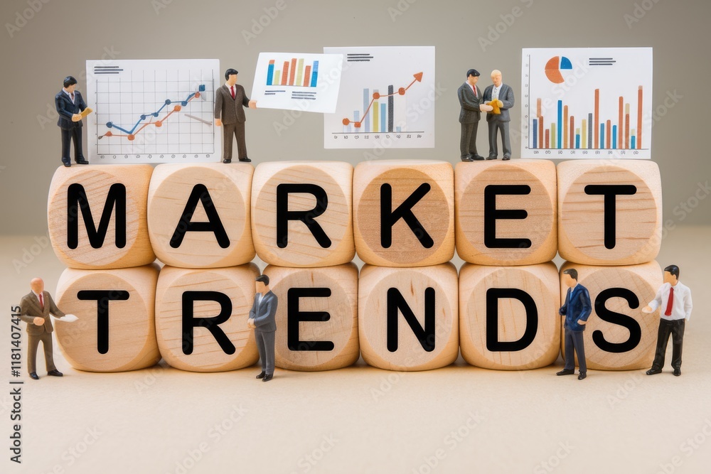Poster Miniature figures analyzing market trends using charts and graphs.