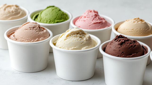 Delicious gelato in various flavors served in white cups, perfect for summer