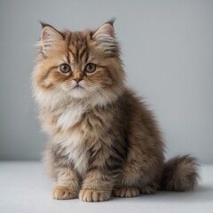 A cute Persian kitten with fluffy fur and a cute round face, posed on a soft white surface.