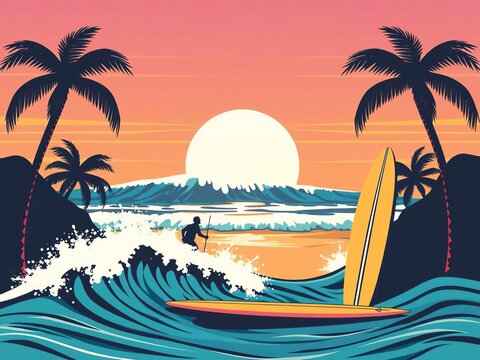 Vintage style beach vibes surfing and sun vector summer poster design featuring retro surfboards, palm trees, and waves, waves, vibes, surfing