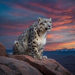 Obraz premium A snow leopard perched on a rocky outcrop with colorful skies at dusk.