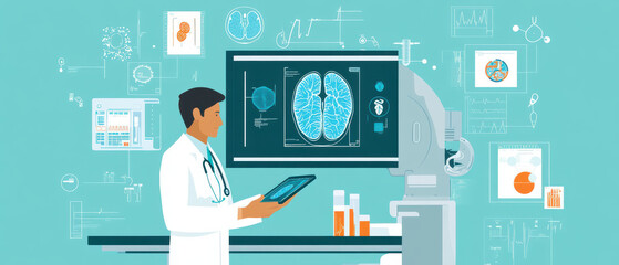 doctor examines MRI scan on tablet, surrounded by medical charts and data. scene highlights advanced imaging technology in clinical setting
