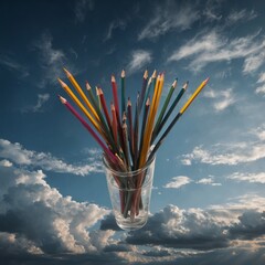 Pencils levitating in mid-air against a surreal sky.