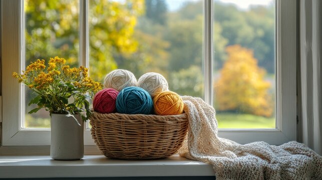 Cozy yarn basket by the window with autumn view and blooming flowers