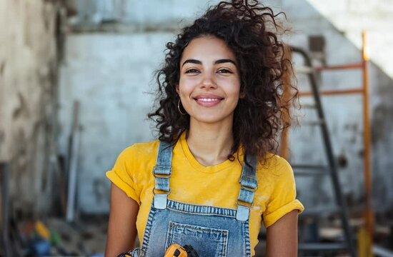 Empowered woman in yellow shirt and overalls holding a tool in a renovated workshop. Confident DIY enthusiast ready for projects. Positive, inspirational vibe 4K.