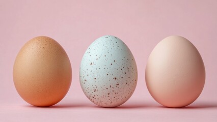 Colorful collection of eggs arranged on a soft pink background