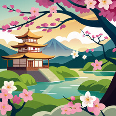 A close-up photo of the sakura flowers above a pond. An ancient Japanese temple is visible in the background.