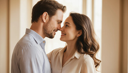 Portrait romantique d’un couple amoureux, homme et femme souriants, partageant un moment complice dans une ambiance chaleureuse.