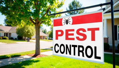 Pest control service sign in residential area, clear visibility, inviting outdoor setting, copy space, Disinsection theme