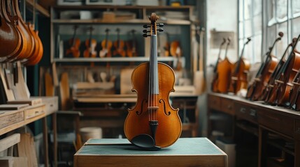 Violin displayed in workshop, surrounded by instruments.