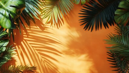 Tropical leaves casting shadows on vibrant orange background