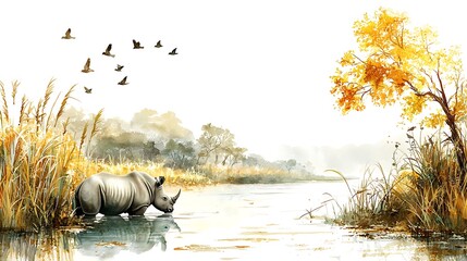 Obraz premium A watercolor painting of a rhinoceros drinking from a tranquil river, surrounded by golden grasses, trees, and birds in flight.