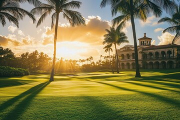 Obraz premium Sunrise golf course resort palm trees Hawaii