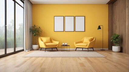 minimalist living room and sunny yellow wall texture background interior design, minimalist chair