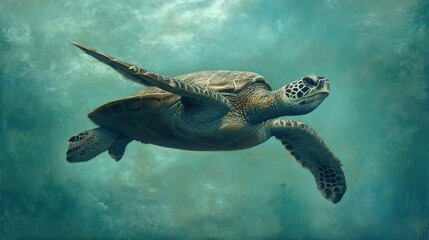 Obraz premium A majestic sea turtle gliding gracefully, highlighted by a light teal background