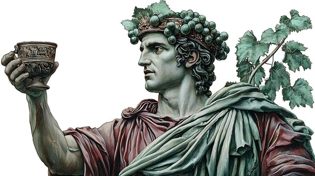 A sculpted depiction of Bacchus, the Roman god of wine, adorned with a grape crown and holding a ceremonial cup.