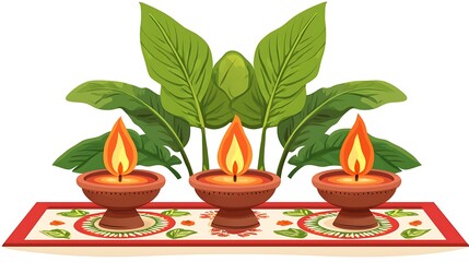 Three Lit Clay Diyas with Green Leaves on a Decorated Tray, a Traditional Indian Festive Symbol.