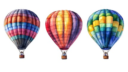 Obraz premium Watercolor illustration of three vibrant hot air balloons with passengers, isolated on a white background.