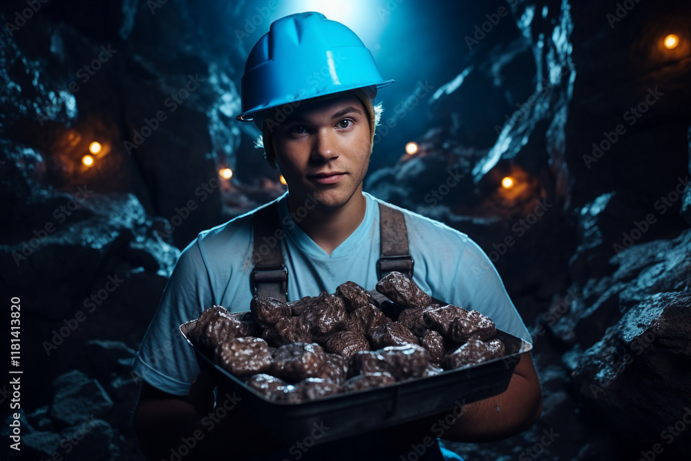 Aufkleber generative ai portrait of a professional worker mining on a mine background