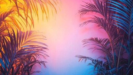 Vibrant tropical leaves against a colorful misty background
