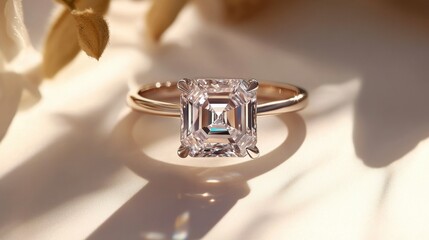 A radiant diamond ring displayed with subtle shadows on a white surface