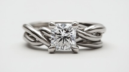 A radiant diamond ring with a unique twisted band design on a plain white background