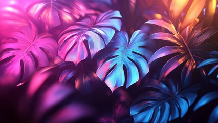 Colorful monstera leaves illuminated by vibrant lights at night