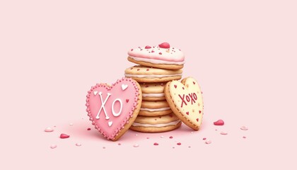 Stack of heart-shaped cookies decorated with XOXO on a light pink backdrop