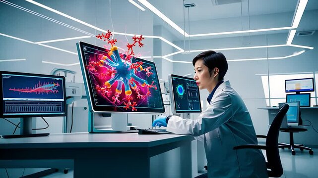 Scientist Analyzing Virus Structure on High-Tech Computer Screens in a Modern Laboratory with Advanced Equipment

