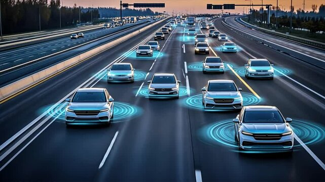 Highway with multiple cars featuring glowing blue and white AI object detection rings, representing autonomous vehicles, smart cities, and AI driven traffic systems