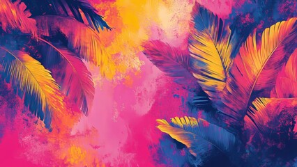 Vibrant tropical leaves with colorful background patterns