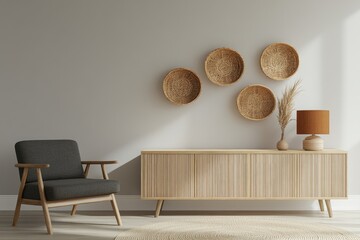 A minimalist modern interior with light gray walls, a white ceiling, and wooden furniture.