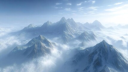 Obraz premium A majestic mountain range shrouded in mist, with snow-covered peaks reaching towards the sky