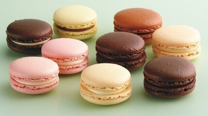 Obraz premium A stack of colorful macarons on a mint green background, evoking elegance