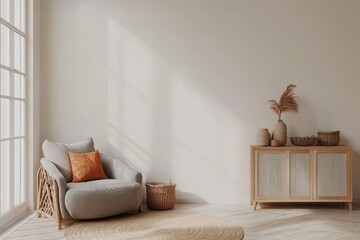 A minimalist modern interior with light gray walls, a white ceiling, and wooden furniture.