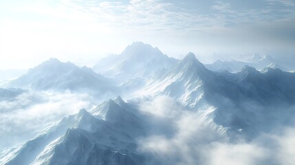 Obraz premium A majestic mountain range shrouded in mist, with snow-covered peaks reaching towards the sky