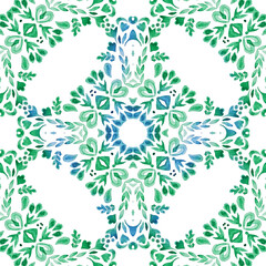Abstract floral blue and green and white hand drawn damask flower tile seamless ornamental watercolor paint pattern.